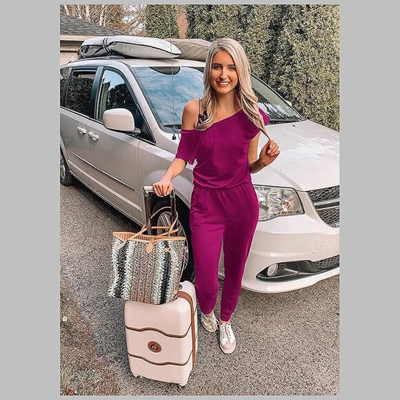 Women's Loose Solid Off Shoulder Elastic Waist Stretchy Purple - Picture 4 of 5